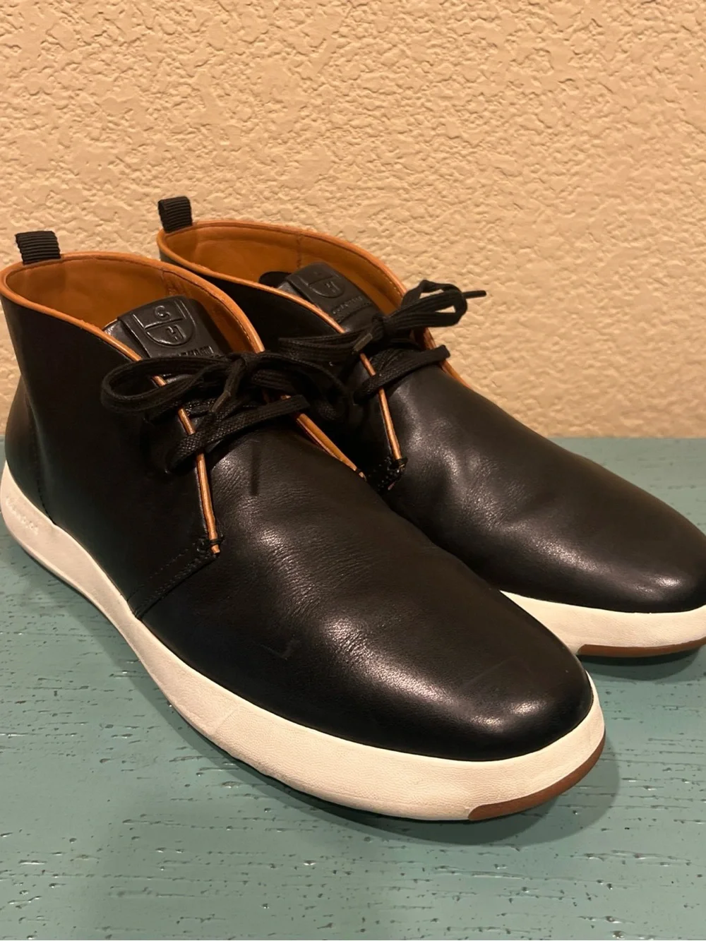 Cole Haan Black Leather Chukka Boots with White Sole and Tan Trim